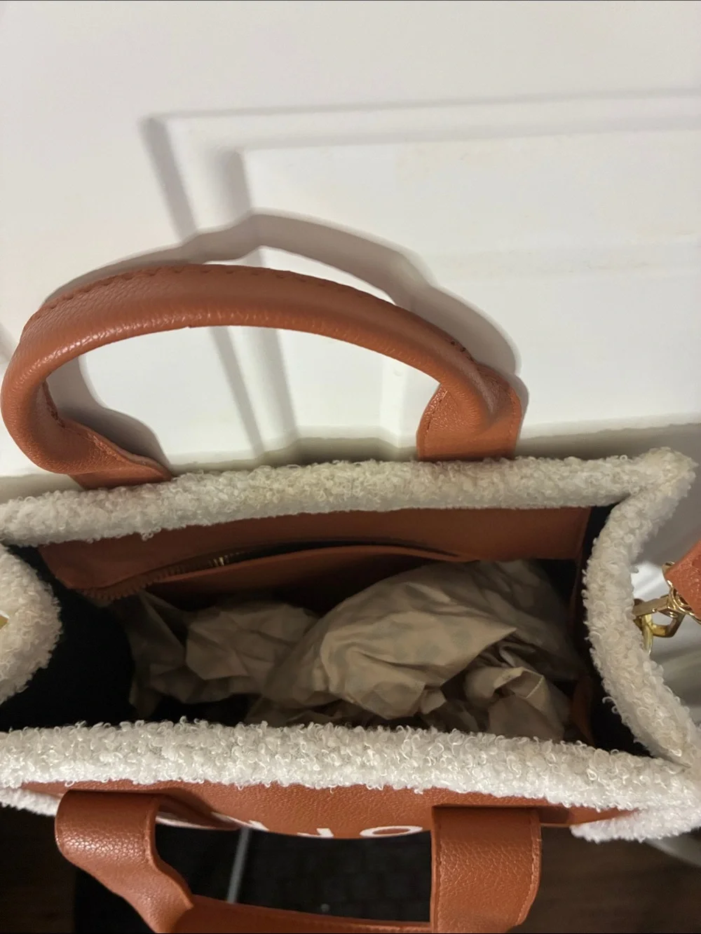Enjoy Weekend Tan Faux-Leather Tote with Shearling Trim